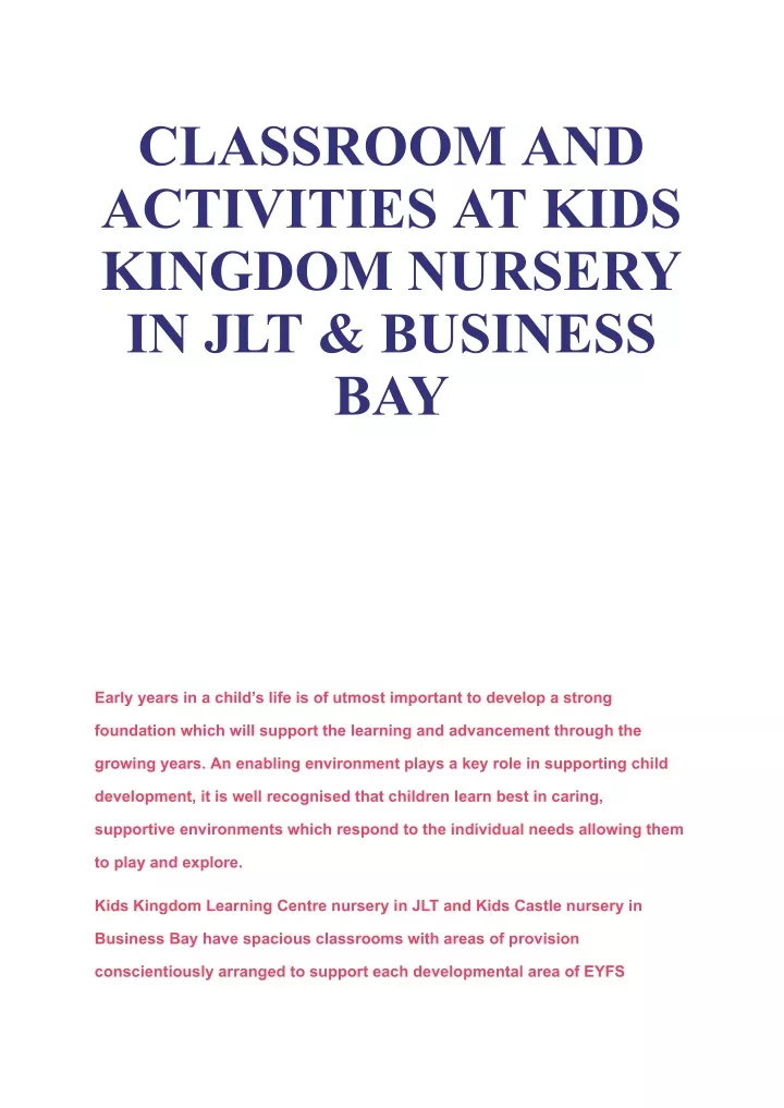 classroom and activities at kids kingdom nursery