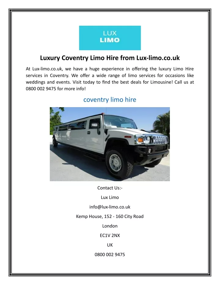 luxury coventry limo hire from lux limo co uk