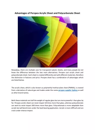 Advantages of Perspex Acrylic Sheet and Polycarbonate Sheet