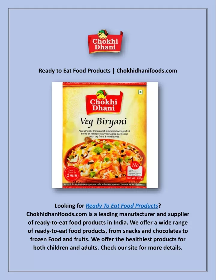 ready to eat food products chokhidhanifoods com