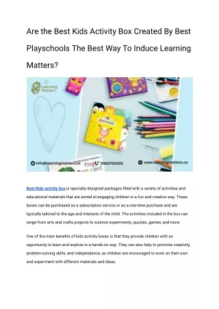 Are the Best Kids Activity Box Created By Best Playschools The Best Way To Induce Learning