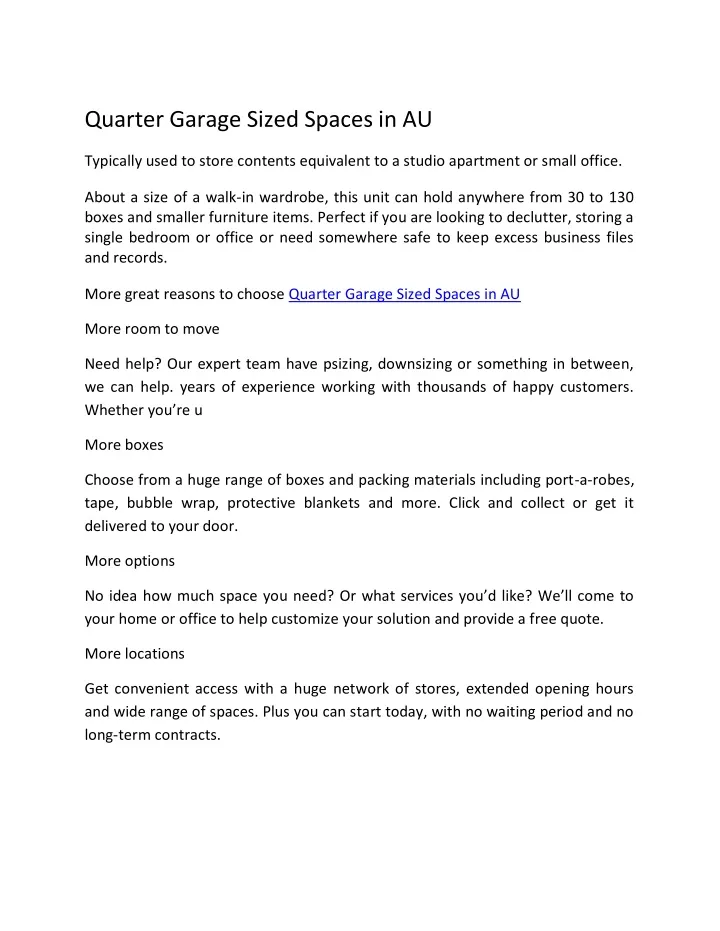 quarter garage sized spaces in au