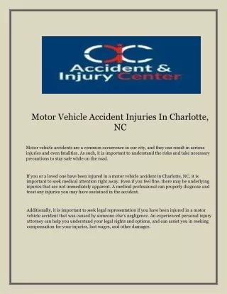 Motor Vehicle Accident Injuries In Charlotte, NC   | Accident  And Injury Centre