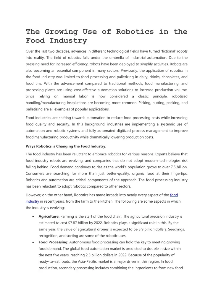 the growing use of robotics in the food industry