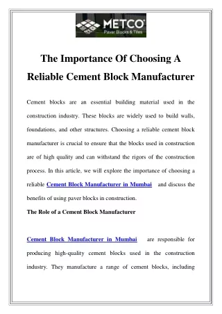Cement Block Manufacturer in Mumbai	 Call-8484930580