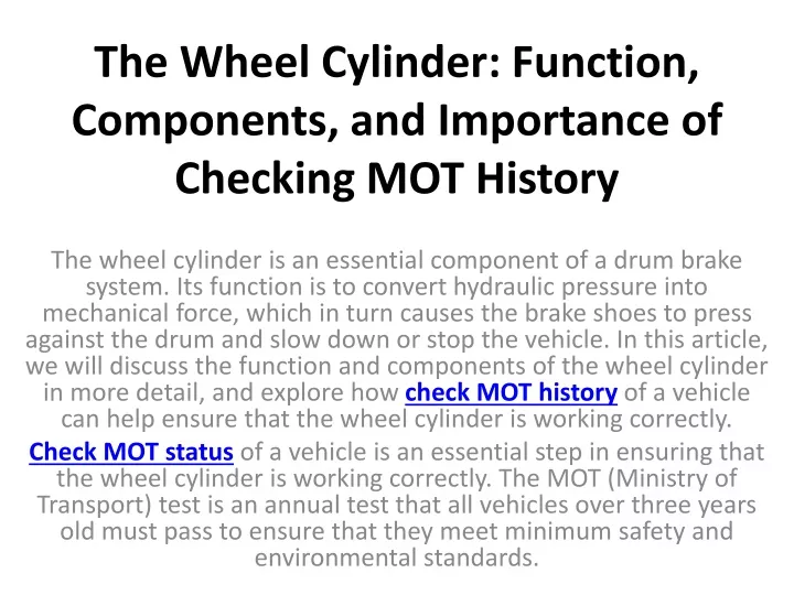 the wheel cylinder function components and importance of checking mot history
