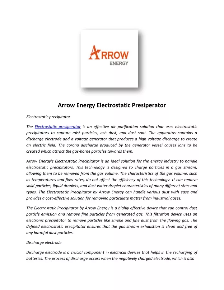 arrow energy electrostatic presiperator