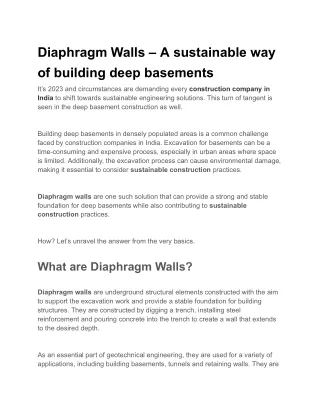 Diaphragm Walls – A sustainable way of building deep basements