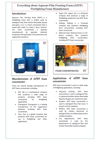 Everything about Aqueous Film Forming Foam (AFFF) Firefighting Foam Manufacturer