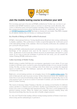 Join the mobile testing course to enhance your skill