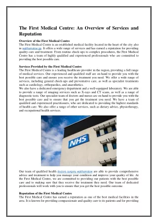 the first medical centre an overview of services