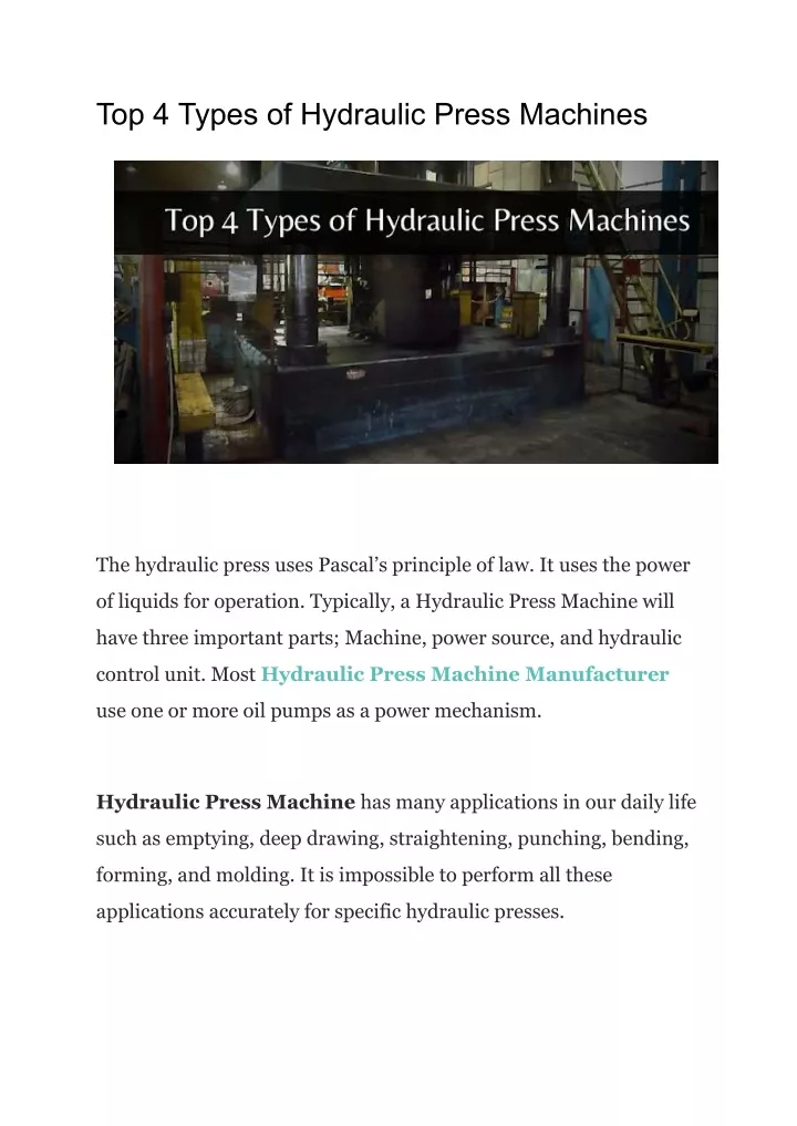 top 4 types of hydraulic press machines