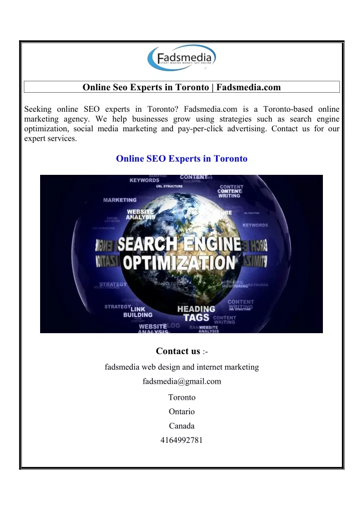 online seo experts in toronto fadsmedia com