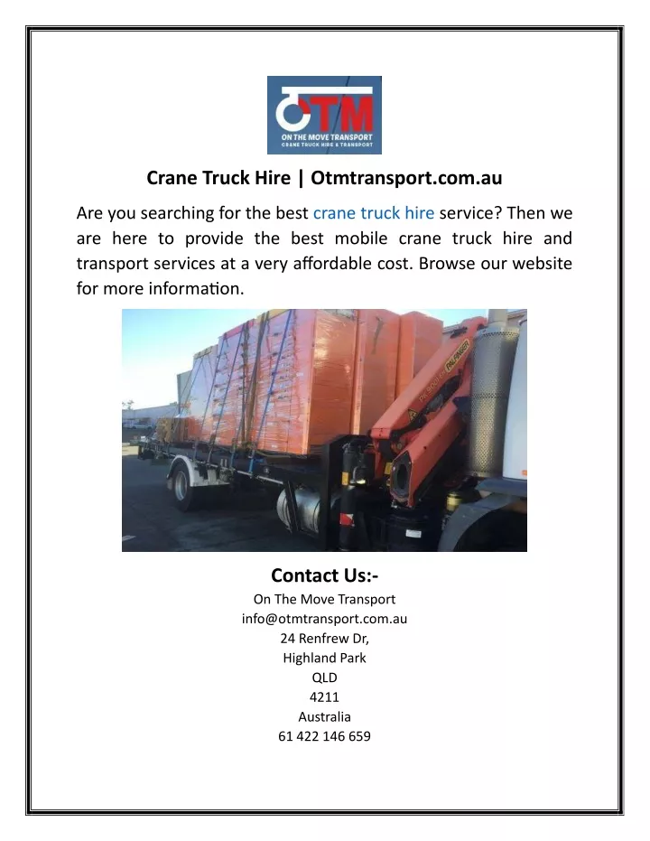 crane truck hire otmtransport com au