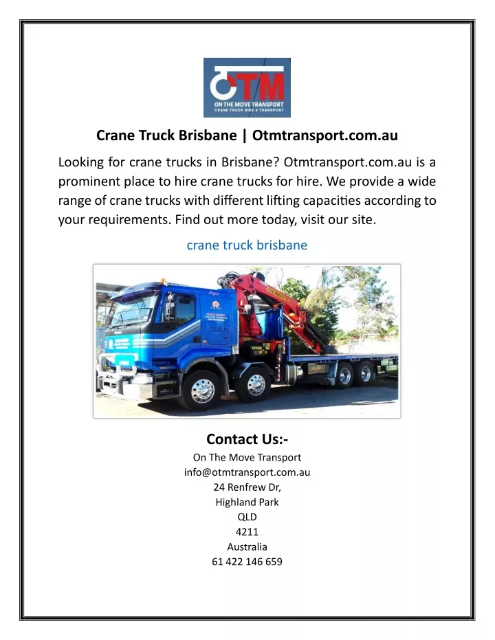 crane truck brisbane otmtransport com au