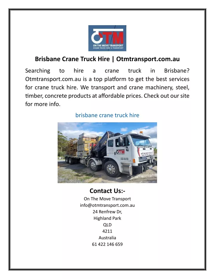 brisbane crane truck hire otmtransport com au