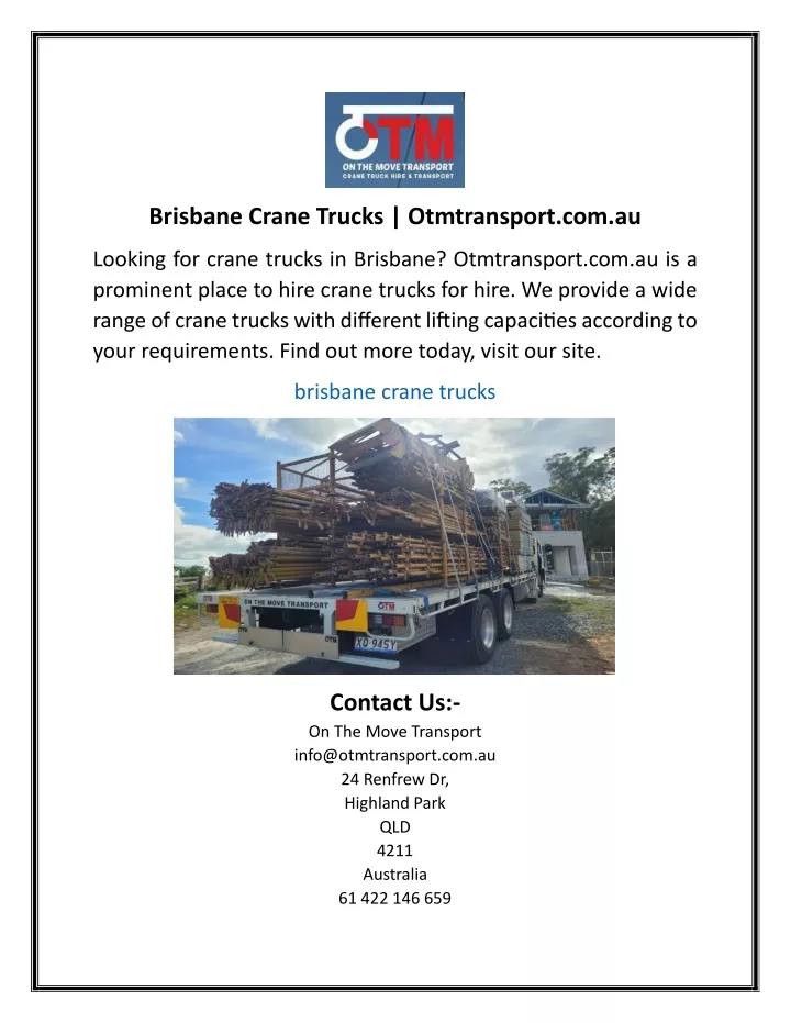 brisbane crane trucks otmtransport com au