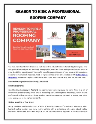 Reason to Hire a Professional Roofing Company