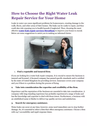 Water Leak Repair Services Streatham
