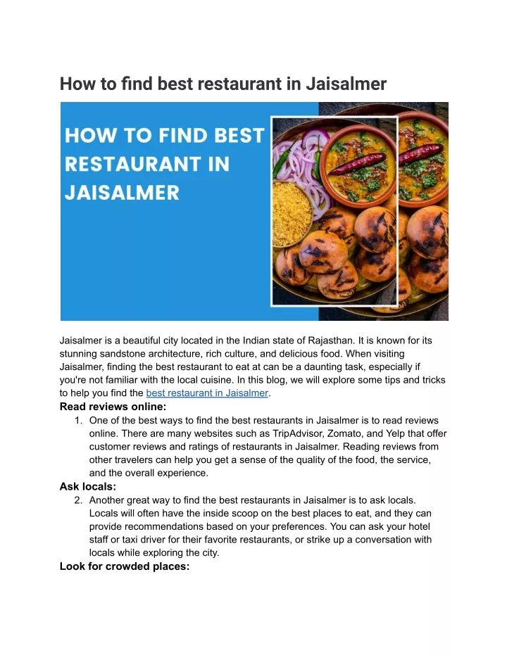 how to find best restaurant in jaisalmer