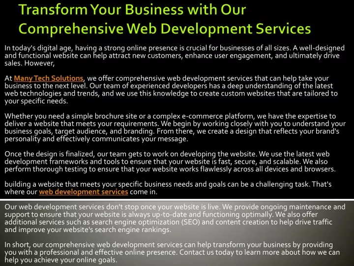 transform your business with our comprehensive web development services