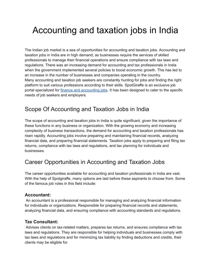 accounting and taxation jobs in india