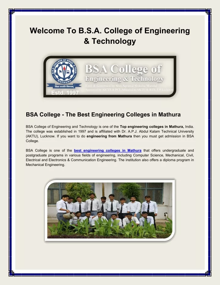 welcome to b s a college of engineering technology