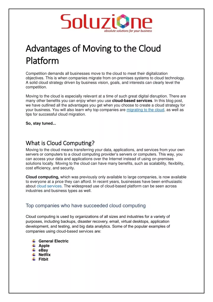 advantages of moving to the cloud advantages