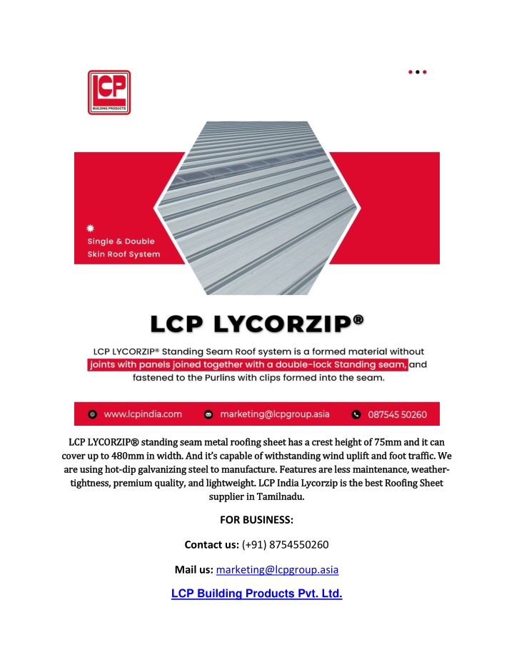 lcp lycorzip standing seam metal roofing sheet