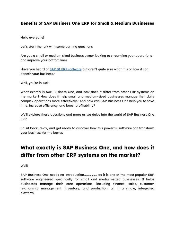 benefits of sap business one erp for small medium