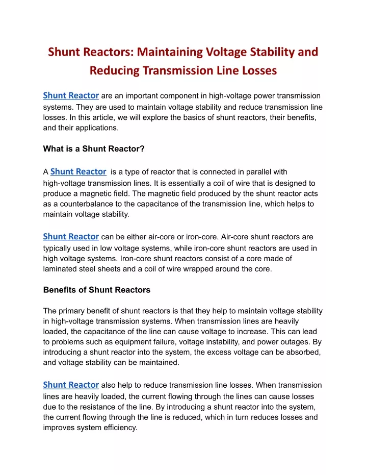 shunt reactors maintaining voltage stability