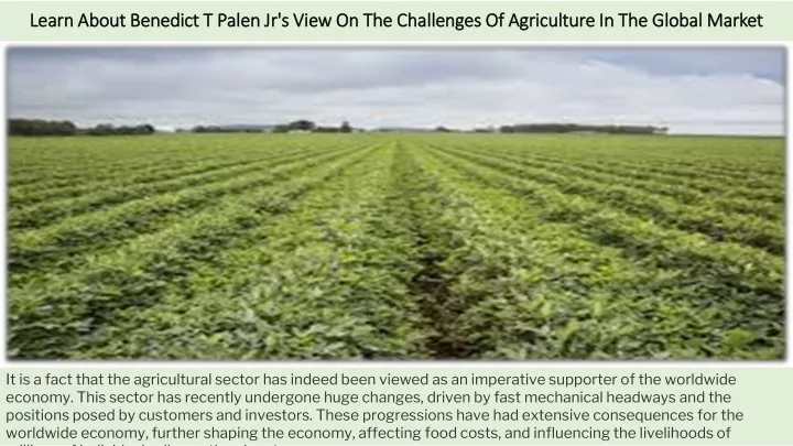 learn about benedict t palen jr s view on the challenges of agriculture in the global market