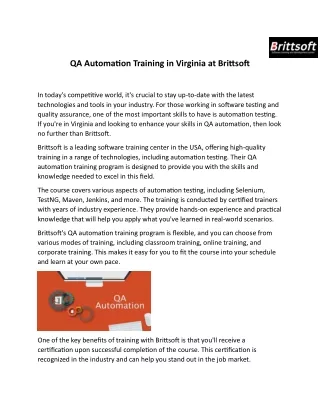 QA Automation Training in Virginia at Brittsoft