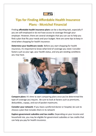 McNichol Financial Group – The best way to find affordable health insurance plan