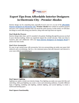 Expert Tips from Affordable Interior Designers in Electronic City - Premier Abodes