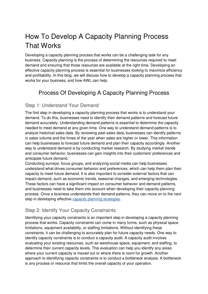 how to develop a capacity planning process that