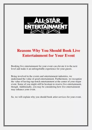 Reasons Why You Should Book Live Entertainment for Your Event