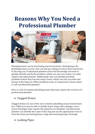 Reasons Why You Need a Professional Plumber