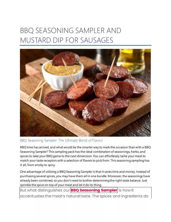 bbq seasoning sampler and mustard dip for sausages