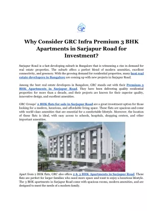Why Consider GRC Infra Premium 3 BHK Apartments in Sarjapur Road for Investment