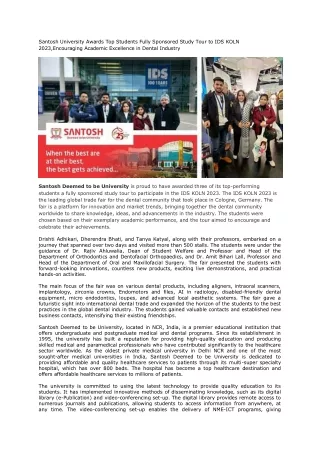 Santosh University Awards Top Students Fully Sponsored Study Tour to IDS KOLN 2023,Encouraging Academic Excellence in De