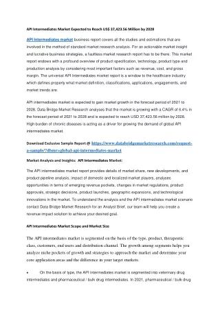 API Intermediates Market Expected to Reach US 37,423.56 Million by 2028