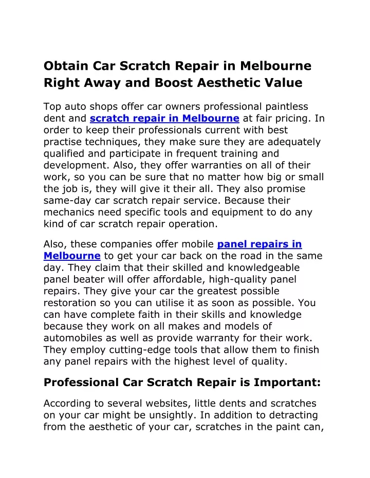 obtain car scratch repair in melbourne right away