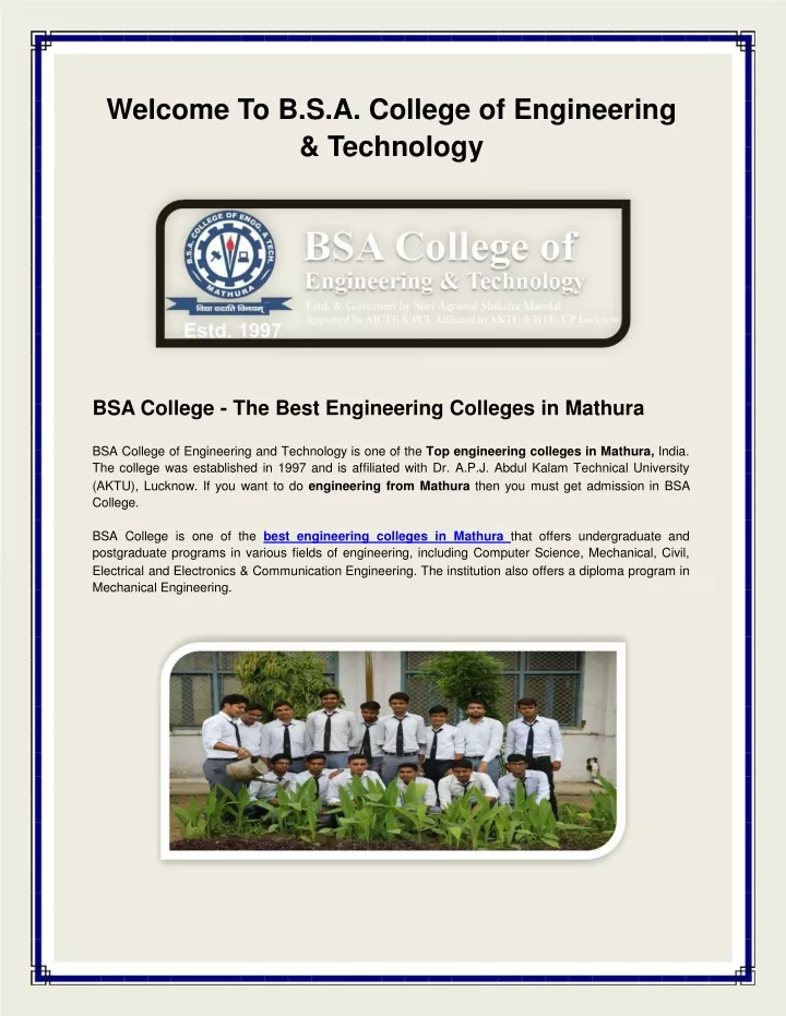 welcome to b s a college of engineering technology