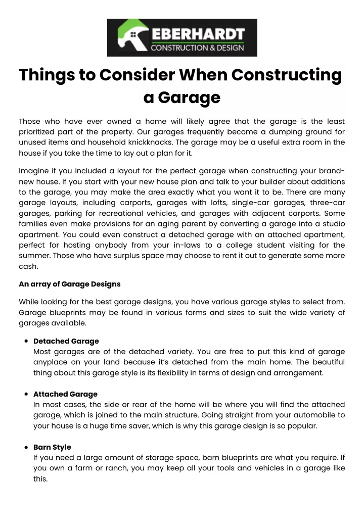 things to consider when constructing a garage