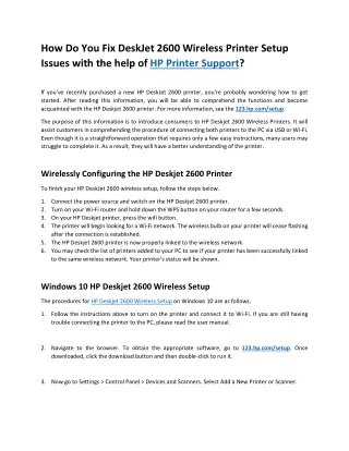 How Do You Fix DeskJet 2600 Wireless Printer Setup Issues with the help of HP Printer Support-Printerassist247