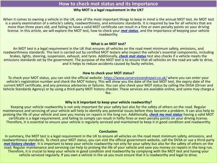 how to check mot status and its importance