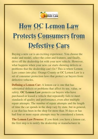 How OC Lemon Law Protects Consumers from Defective Cars