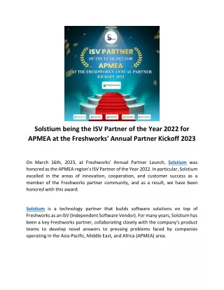 Solstium being the ISV Partner of the Year 2022 for APMEA at the Freshworks' Ann