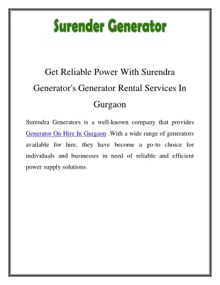Generator On Hire In Gurgaon   Call- 9810037192